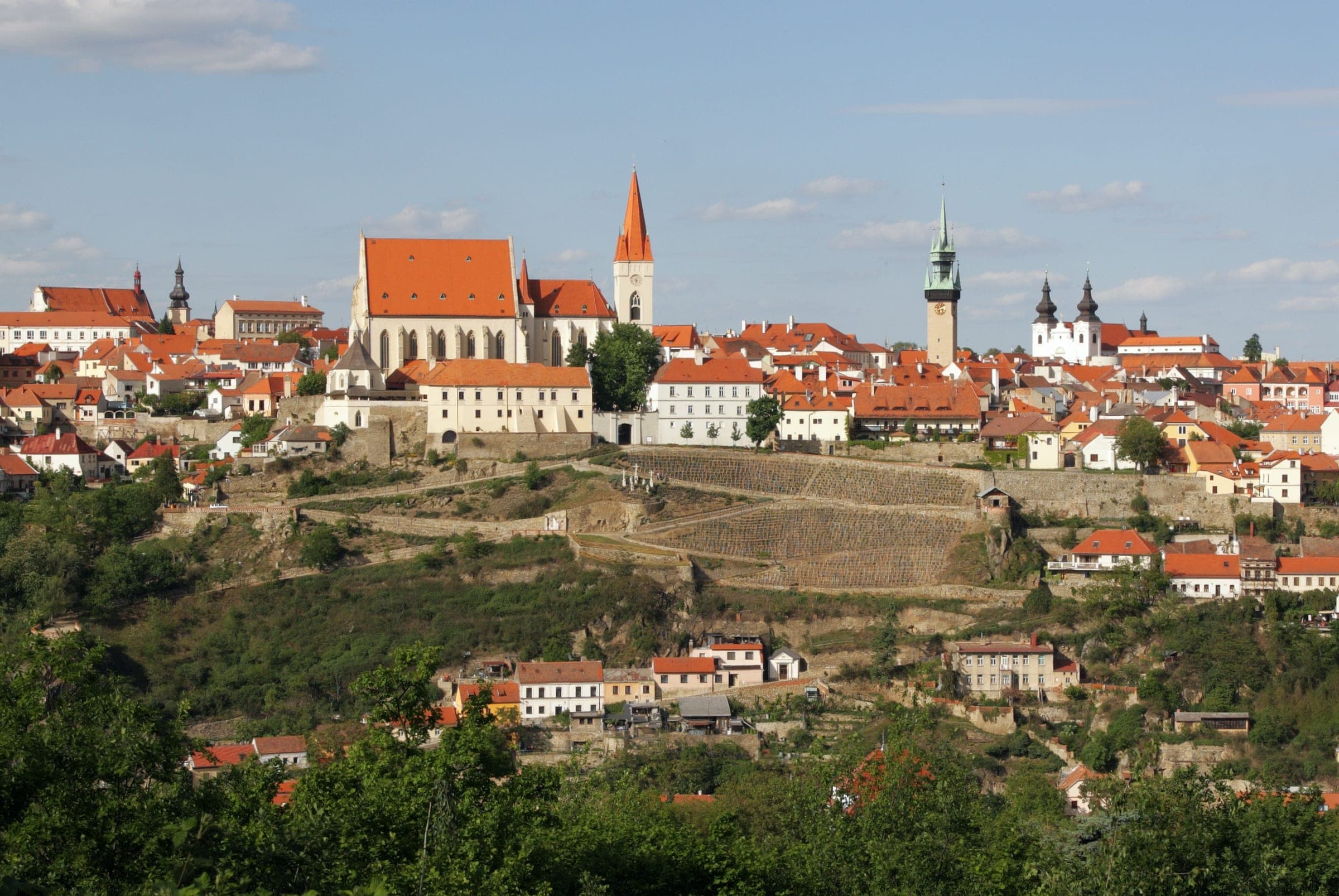 Panorama Znojma od jihu — kostel sv. Mikuláše, radniční věž a vinice nad Dyjí